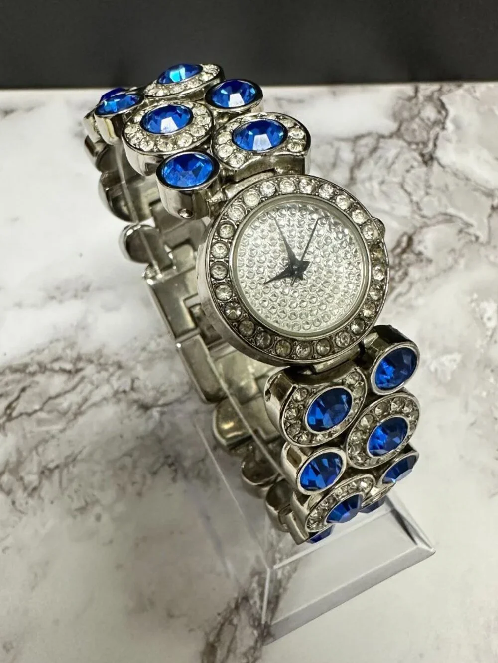 Suzanne Somers Watch Women Silver Tone Blue Rhinestone Bling Band New Battery